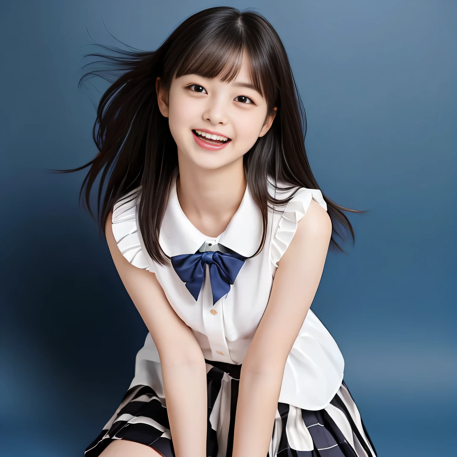 (Highest quality, masterpiece:1.2), Highest quality, High resolution, 1080P, 8k, (A noble, graceful and Japanese young girl who have a best proportion are seated giggling at me with extreme beatitude, laughing and posing like a fashion model, using face-whitening cosmetics: 1.5), (She is getting out of the picture: 1.6), (Well-balanced, Intelligent, drooping, double-eyelids, brown shiny large eyes with detailed make me feel her intelligence: 1.5), (Frilled Frilled expensive noble white cute silk shiny blouse, blue-colored pleated skirt: 1.5), ((Beautiful well-figured glossy lips)), (Plain blue school ribbon on the mature breast), (Girl whom everyone loves because of her beauty and beautiful eyes and lovely fashion and noble manner and magic-charm of succubus), (Very beautiful, glossy, cute neat black hair: 1.3), (Drives me crazy for her glossy neat hair and Make me fall into her mouth), (plain blue background: 1.6), (Best style like a 13yohion model, mature breast), ((Completely balanced beautiful eyes)), ((Completely balanced beautiful eyes)), (eyes, face and hair are especially beautifully detailed and beautifully drawn: 1.5), (Satisfactory best shot by professional infamous women's photographer: 1.5), (The soft white light clearly shows her face white: 1.2), (Very soft laughing cheeks, very soft hands, People who touch it feel eternal pleasure: 1.2), (Show me your cutest glossy face!!: 1.6), (Everything is too expensive and noble like a angel including her expression, giving kiss and mercy to poor miserable me!: 1.5)
