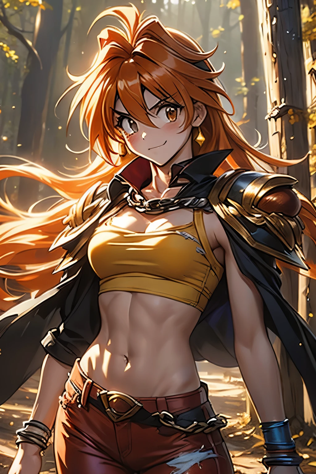 （（（ＳＦＷ、Highest quality、 first class、masterpiece、Normal body、8k、Detailed face、Ultra-precision、Normal hand、Normal finger、Masterpiece）））、-Slayers-、Lina Inverse、Lina Inverse、mage 、beautiful girl、Orange Hair、 Ripped Ultrathin Yellow Tube Top、Ripped Ultrathin Red Pants 、 Tattered Black Cloak 、Damaged shoulder brace 、Half naked、Muscle Exposure、Regretful expression、Lina caught and hung with a chain、forest