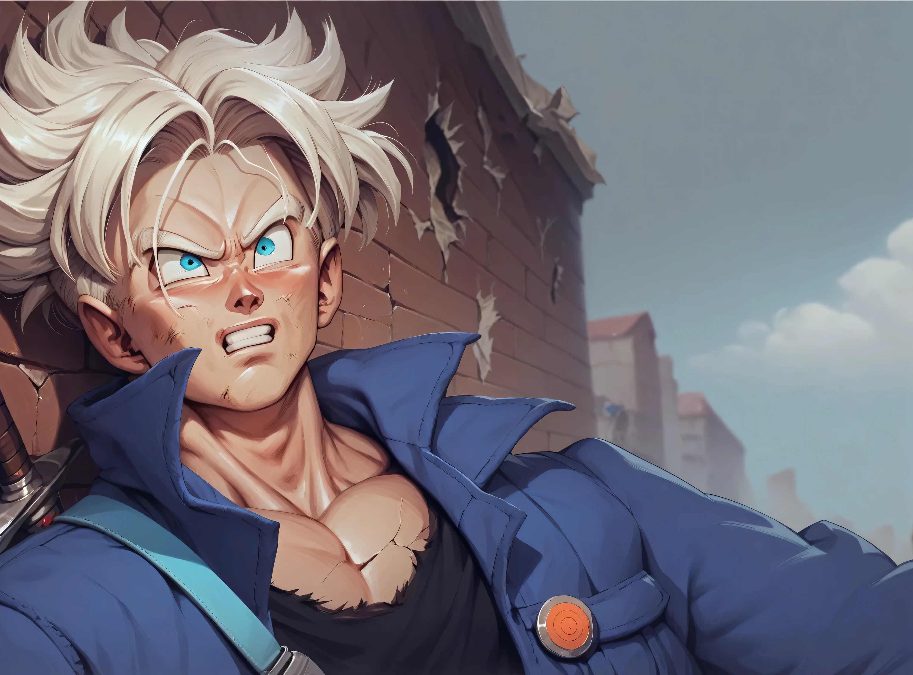 Trunkz,  Dragon Ball Z, detailed expressive eyes, nervous expression, he is looking up, extremely muscular, sword handle and pommel,  masterpiece, best quality,  high resolution, destroyed city background, cracks in wall, 