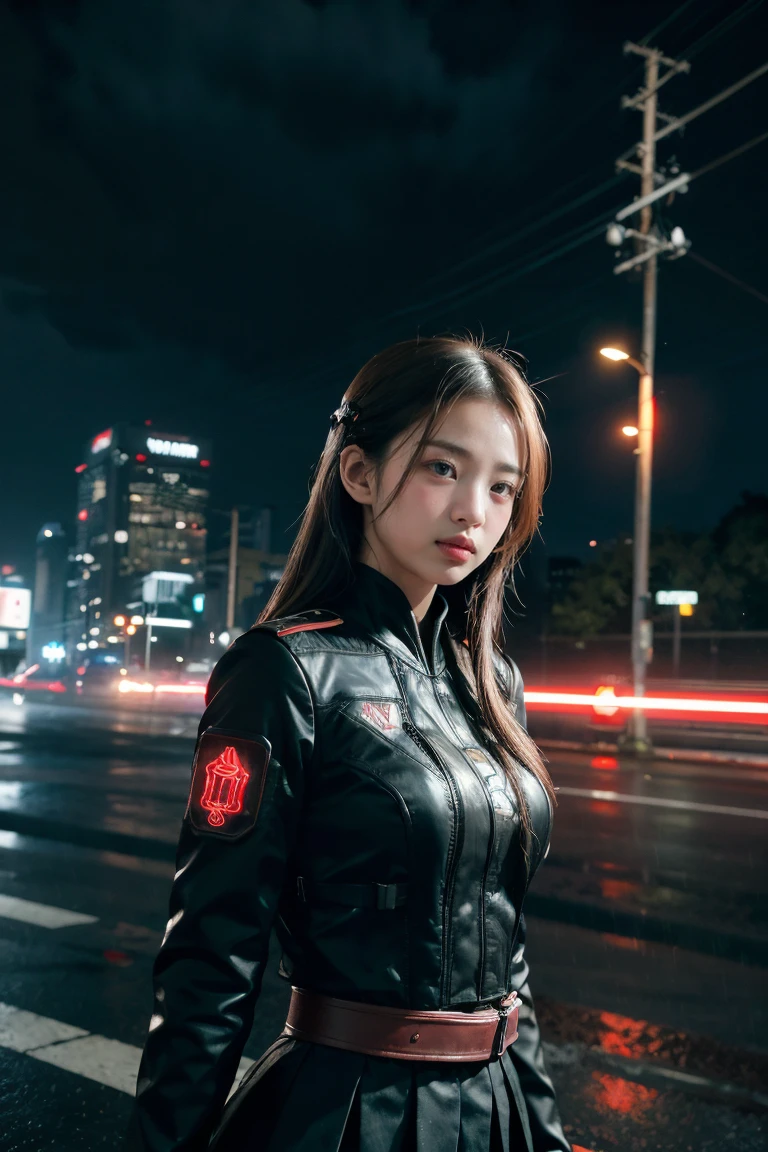 1 japanese girl, WARFRAME, intricate pattern, heavy metal, energy lines, faceless, glowing eyes, elegant, intense, blood red and black uniform, solo, modern, city, streets, dark clouds, thunderstorm, heavy rain,, dramatic lighting,, (masterpiece:1.2), best quality, high resolution,   beautiful detailed, extremely detailed, perfect lighting,