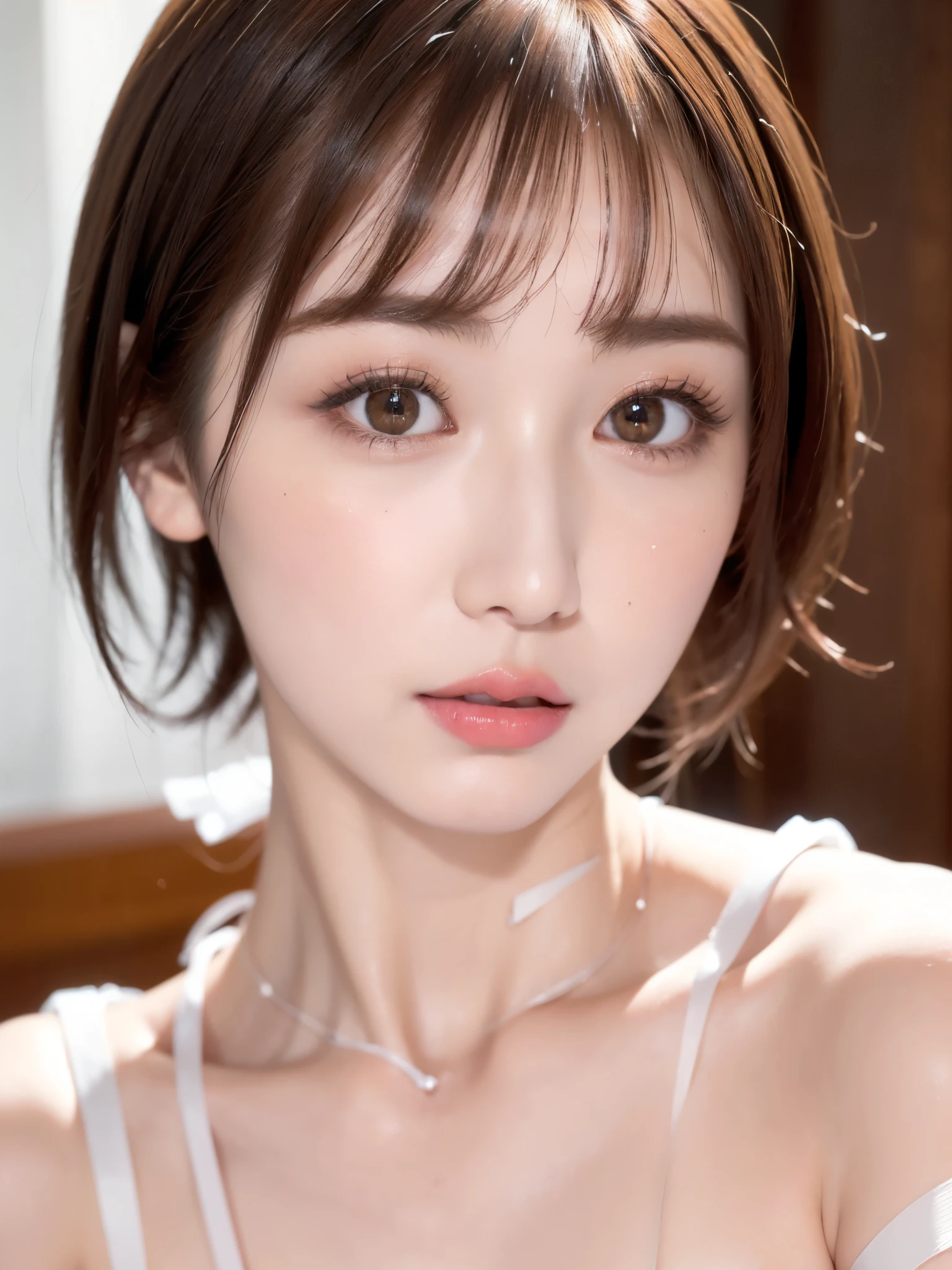 ((top-quality))、(Masseter muscle area:1.4)、Original photo、8k、(( Highest quality ))、 (( Kampala))、  beautiful face down to the smallest detail 、  Realistic Human Skin 、  gentle expression、( one woman:1.3 )、Realistic、 photorealistic、( very short hair with white bandage:1.4)、(Beautiful woman)、 very short hair with white bandage、( Cute Japanese Girl )、(( pretty woman))、(Beautiful Hair)、( dark brown hair )、(((Red cheeks)))、((Big Eyes))、20 year old beauty、(Small face:1.5)、Small head、((Long neck))、Pale skin、Spotless Skin、With bangs、Everyone admires、日本のBeautiful womanモデル、8 heads、( Necklace )、 looking at the camera、singer、((Large Breasts、Glossy thighs))