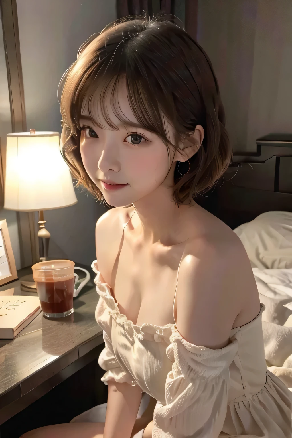 (Dynamic Range、Light for shooting 、 beautiful portraits、 realistic pictures), One Beautiful Girl 、 Blonde Short Bob、Curly hair、Puff Dresses、shoulder、clavicle、Skinny、Interact、Bedroom at night、Lamplight、Gorgeous bed