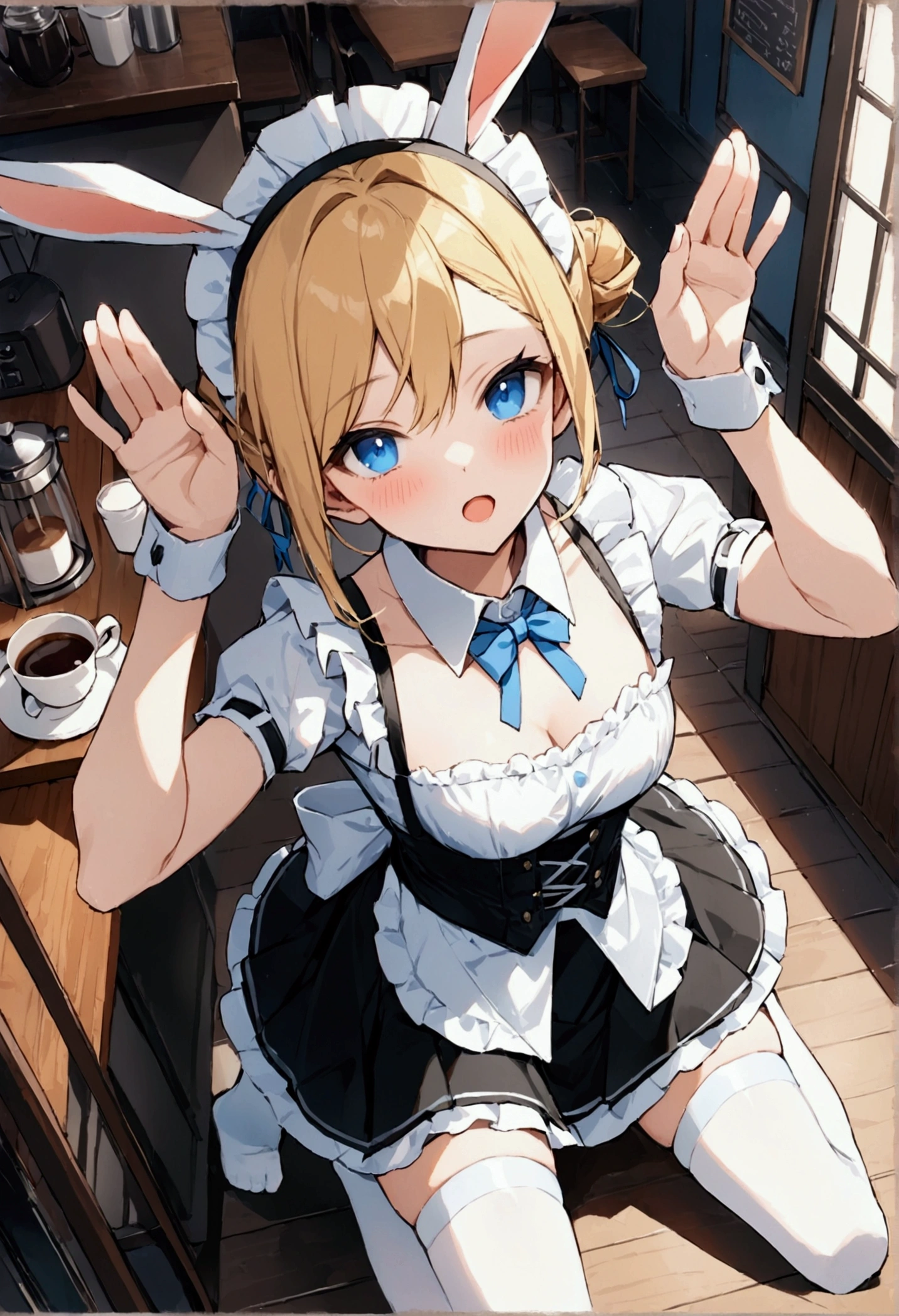   High image quality 、masterpiece、  high quality、Full HD、4K、、Rabbit pose with folded hands、 View from above 、blonde 、  blue eyes  、  Open your mouth 、White collar、Hair tied back、  white shirt  、   white stockings   、  arm garter、corset、   light blue panties  、   Black Skirt 、   maid clothes 、slender、Coffee Shop