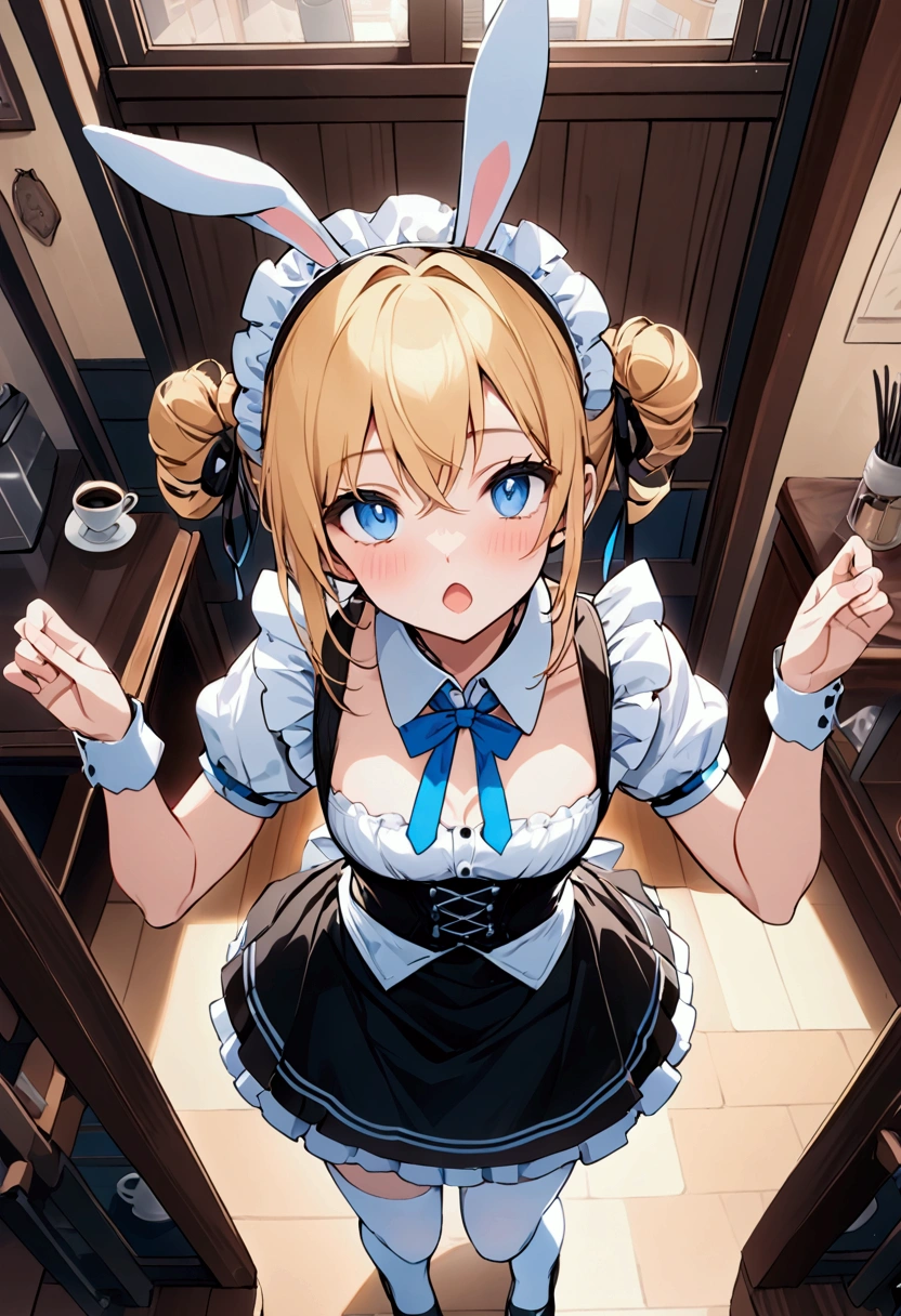   High image quality 、masterpiece、  high quality、Full HD、4K、、Rabbit pose with folded hands、 View from above 、blonde 、  blue eyes  、  Open your mouth 、White collar、Hair tied back、  white shirt  、   white stockings   、  arm garter、corset、   light blue panties  、   Black Skirt 、   maid clothes 、slender、Coffee Shop