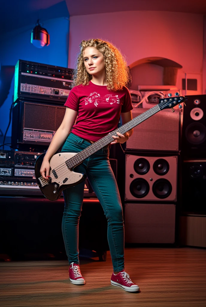 a woman standing in a music studio. She is holding a bass guitar in her hands and is looking at the camera. The woman is wearing a dark red t-shirt with a musical design on it and green pants. She is wearing red converse. Her curly blond long hair is styled in loose curls that frame her face. In the background, there are various musical equipment and speakers. The overall mood of the image is cheerful and playful