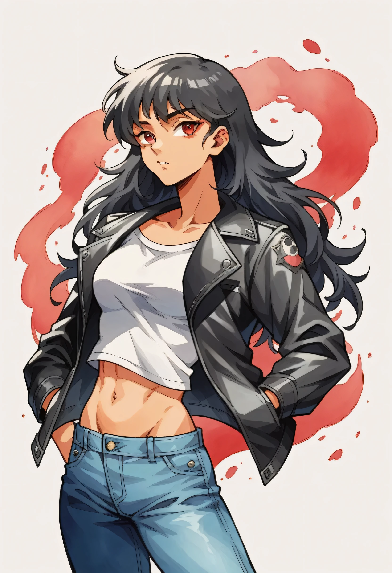 Masterpiece, ultra detailed, illustration, solo, 1girl, jenna_ortega_v4, Latina, long hair, black hair, thin and athletic, red eyes, wearing black leather jacket and white crop top and jeans, art by Enki Bilal, watercolor, DeviantArt, high resolution, mimnr style