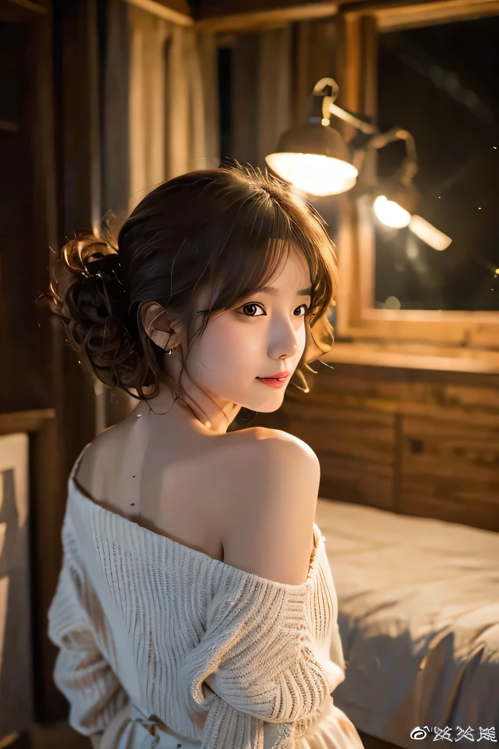 (Dynamic Range、Light for shooting 、 beautiful portraits、 realistic pictures), One Beautiful Girl 、 Blonde Short Bob、Curly hair、Puff Dresses、shoulder、clavicle、Skinny、Interact、Bedroom at night、Lamplight、Gorgeous bed