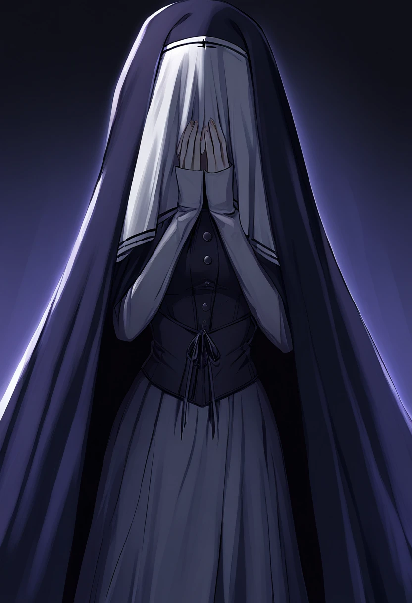 (1girl, solo) Nun, long skirt, long over loose sleeves, sleeves inside her hands, vest covered her face, faceless, handless, nun outfits, 
cape covering whole body, long cape, scary cape, sexy, standing 