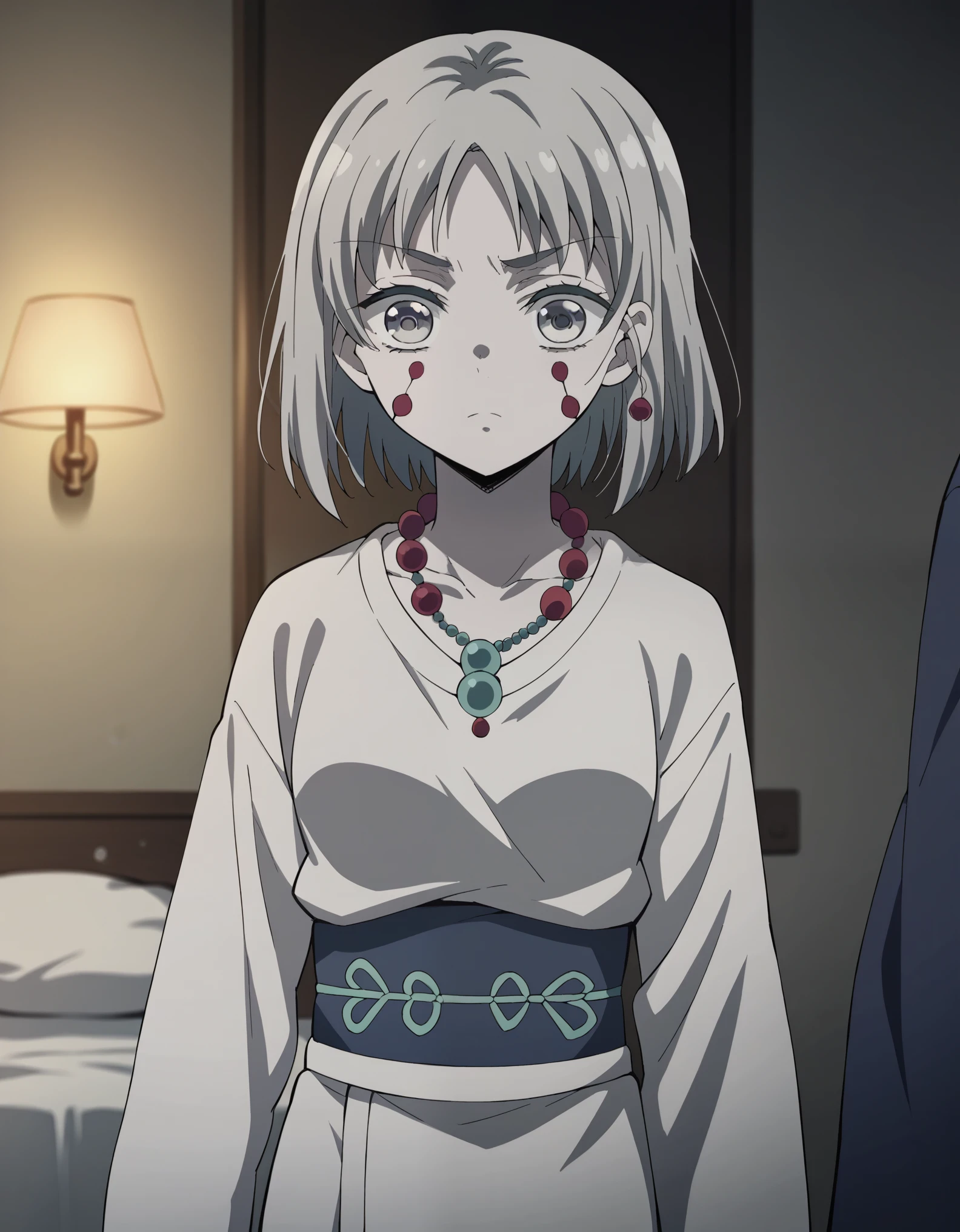   score_9,   score_8_up,   score_7_up, sauce_Anime,姉のSpider Demon, Spider Demon,   short hair,   Hair Ornament  , very   short hairパーマ,Grey Hair, Grey Eyes,   facial mark,   thick eyebrows, Pale skin,  Long Sleeve ,  ,   JEWELRY,Mid-winter clothes,   necklace  , sash, heart, beads,indoor, bed, bed room, Aside, Alone,  watching viewers ,   cowboy shot,  Dutch angle,Swept-back bangs,Suzune Horikita