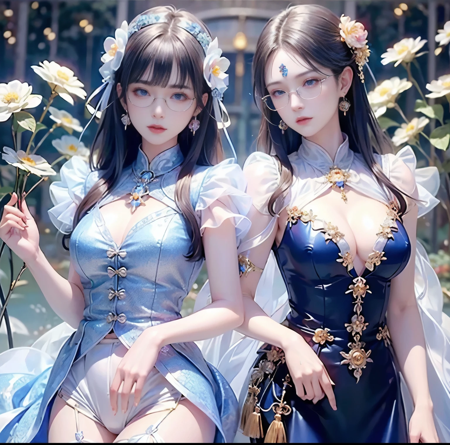 (top-quality)、 (masterpiece)、(Professional lighting with fewer shadows)、 (A hyper-realistic)、 (perfect anatomia)、 (In front of the camera、Two women are touching their hands), ( Huge breasts:1.3), (Bright and even whitening skin without wrinkles and steps), (Beautiful blue eyes with long eyelashes and red tear bags)、 (Her costume is naked, however, Only sailor collars are worn as small pieces of cloth:1.3), (Two people are surrounded by flowers, Face the front in front of the camera、stick out chest:1.6), (Another person on the other side、Stick your huge ass back with your back turned:1.3), (A face beautiful in every detail is full of smiles),