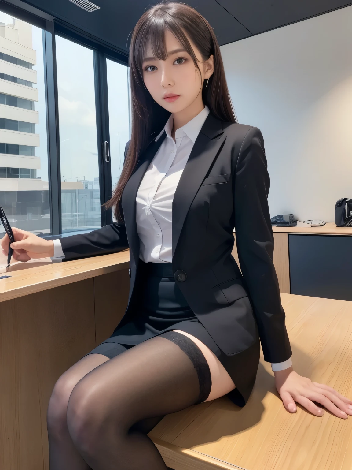 Best Quality, Photorealistic, 8K, High Definition, 1人の女性、 beautiful and flawless face、(Medium: 1.8), s Office、Colossal tits、Suits, a miniskirt、 work, sitting in the chair、