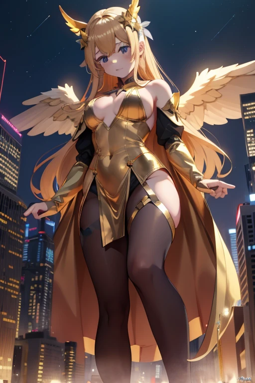 giant girl 50,000 feet high，Weight 1000kg，Have a pair of long legs，Keep your eyes open，Has a pair of huge golden angel wings，With huge devil horns on his head，wear a crown on your head，Elf wearing gold earrings，She has long golden hair that reaches her feet，loose hair，Big blond wavy long curly hair，Bangs，Wearing a pair of golden boots，Gold lace gloves，gold lace pantyhose，Bow and star embellished tights，金色蕾丝whole body，Sit on a tall building，Beautiful appearance，Exquisite makeup，quality，8k，高quality，Perfect proportion, Cinema lighting，film grain，Fuji colors，8k，textured skin，Super details，high detail，high resolution，fake smile，blood stains，脚底有blood stains，whole body，fat，elf princess，feather，flowers
