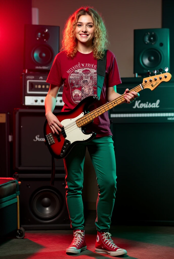 a woman standing in a music studio. She is holding a bass guitar in her hands and is looking at the camera. The woman is wearing a dark red t-shirt with a musical design on it and green pants. She is wearing red converse. Her curly blond long hair is styled in loose curls that frame her face. In the background, there are various musical equipment and speakers. The overall mood of the image is cheerful and playful