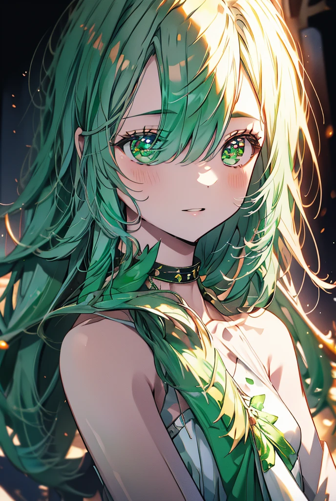 Her eyes shine in a beautiful emerald green color 、Hair color is the one and only white, straight hair、上半身は美しい女性で下半身はspiderのアラクネ　spider