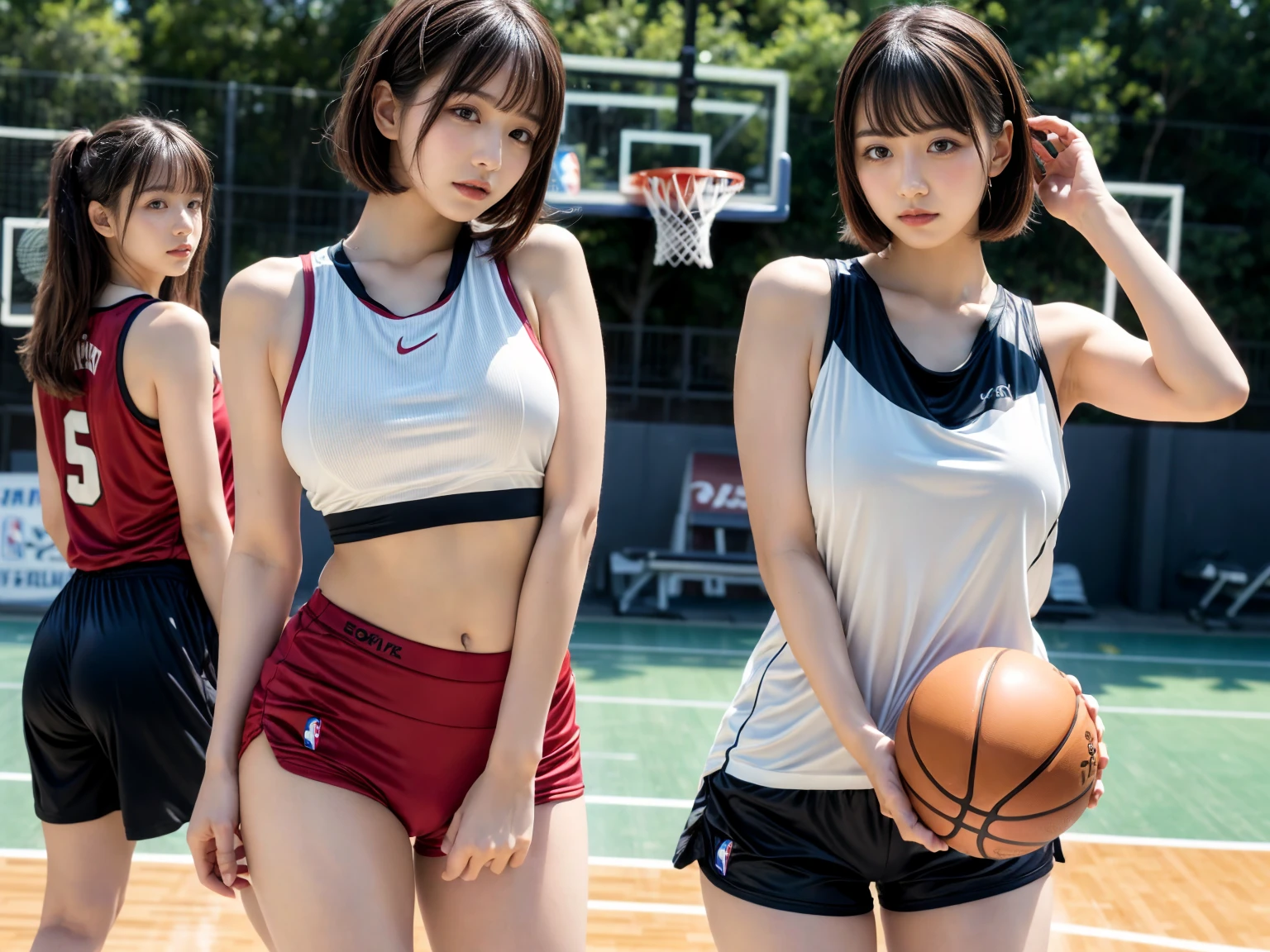 masterpiece, best quality, illustration, Super detailed, fine details, High resolution, 8K,wall paper, perfect dynamic composition,(Details High quality, realistic depiction of eyes:1.3), ((2 girls, 2 schoolgirls)),(highest quality), (High resolution), (very delicate and beautiful),(Beautiful 8K face), (NBA),(basketball sportswear),(play basketball),(reality), large breasts, Play with each other,Touching each other's bodies,Touching the body,((gymnasium)), very short hair, black hair color, Big Natural Color Lip, bold sexy pose, crying a little、cold gaze, Harajuku style、20 year old girl、cute type、lolita, hposing Gravure Idol, full body photo、focus on crotch、thighs exposed