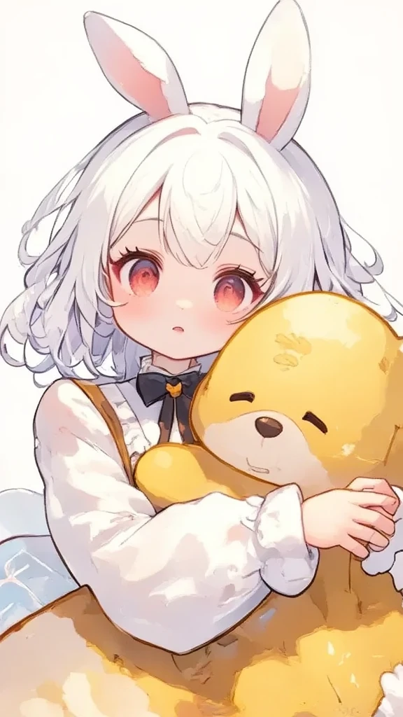 a watercolor image of a charming cute girl,she has bunny ears on head top with white hair . she hugs a large yellow teddy bear close, her face beaming with joy her eys open. Her cheeks are flushed with a warm blush, and her mouth is open in a delighted smile. The girl’s hair is soft and flows down gently, and she wears a cozy, cute outfit that enhances her sweet and innocent appearance. The teddy bear is plush, large, and comforting, with a friendly expression, adding to the happiness in the scene. The lighting is warm and soft, capturing the tenderness and excitement in her expression and the cozy, joyful moment between the girl and her teddy bear, dreamy secene, gold soft light illumination, photon mapping, global illumination, intricate detailed illustration,
