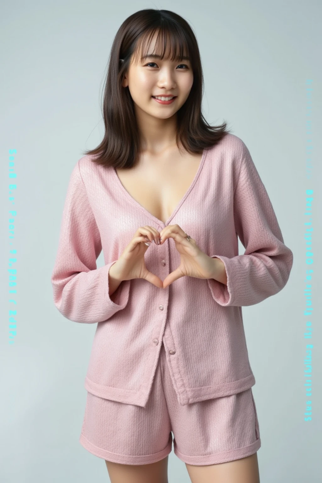 She is in a pose wearing a sexy camisole, making a firm big heart shape with both hands, and holding it in front of her chest, Cute smile up

