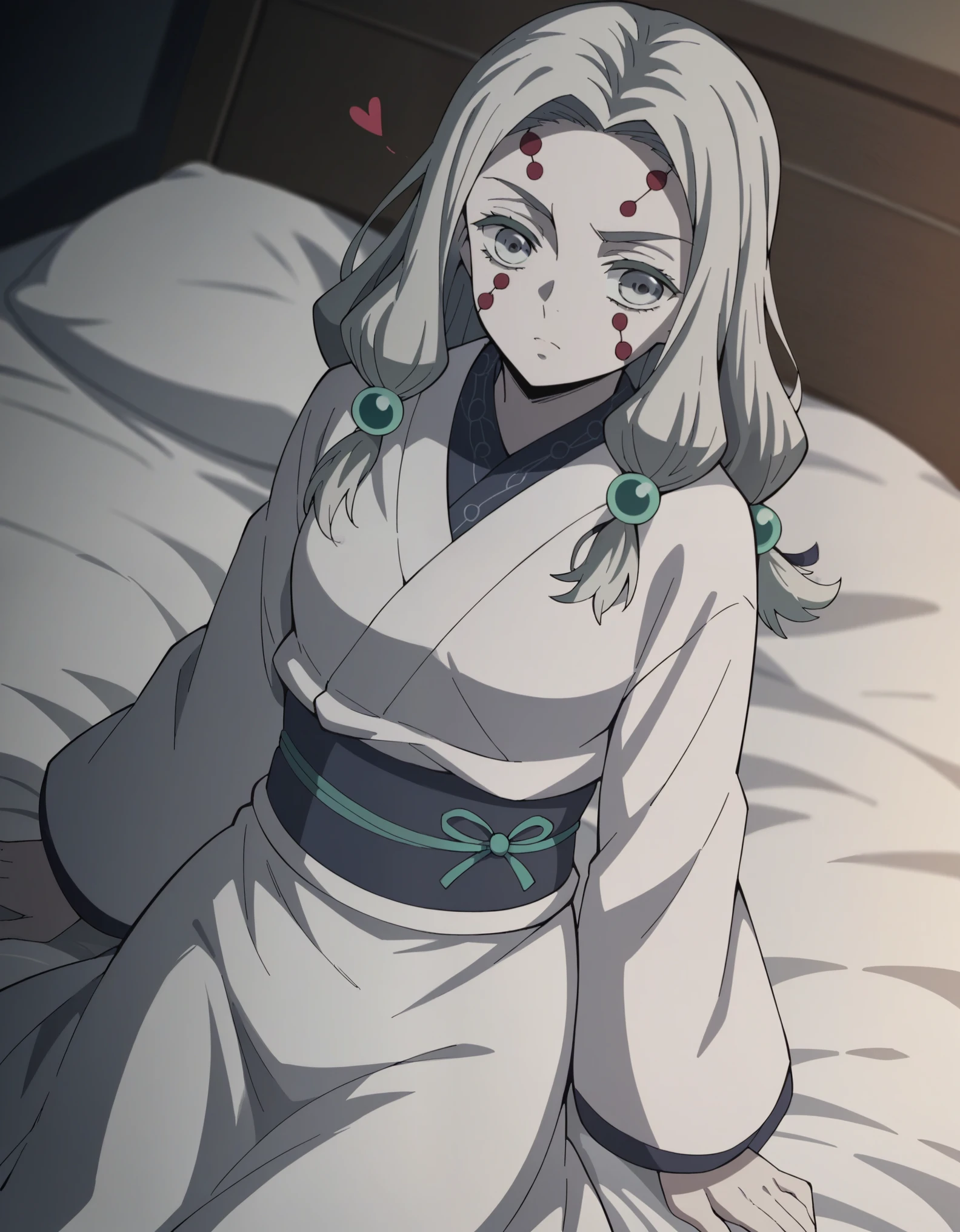   score_9,   score_8_up,   score_7_up, sauce_Anime,姉のSpider Demon, Spider Demon,   Hair Ornament  ,Grey Hair, Grey Eyes,   facial mark,   thick eyebrows, Pale skin,  Long Sleeve ,  ,   JEWELRY,Fully nude, sash, heart, beads,indoor, bed, bed room, Aside, Alone,  watching viewers ,   cowboy shot,  Dutch angle,Swept-back bangs,Sae Tea Leaves