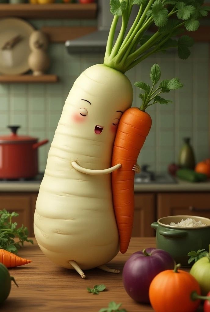 Super realistic illustration, Detailed Fantasy art, A big Handsome muddy Daikon and a small beautiful feminine carrot are hugging each other With limbs entangled. Colorful vegetables cheering on the table in the kitchen. A Le Creuset pot in the background.