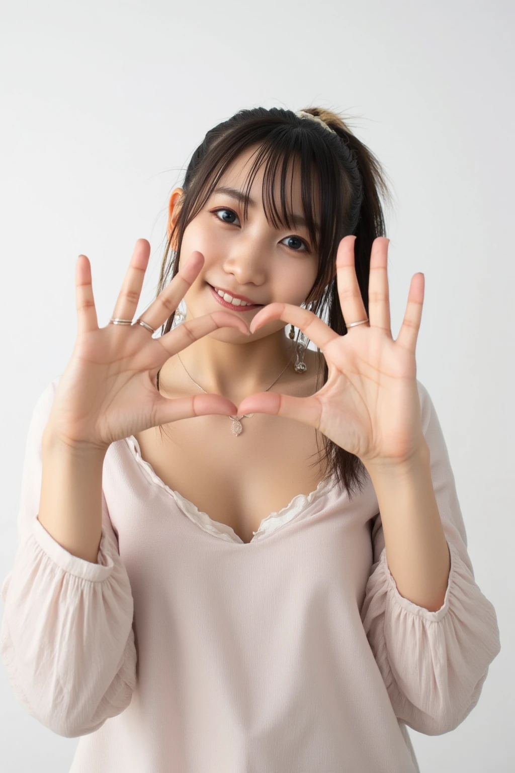 She is in a pose wearing a sexy camisole, making a firm big heart shape with both hands, and holding it in front of her chest, Cute smile up

