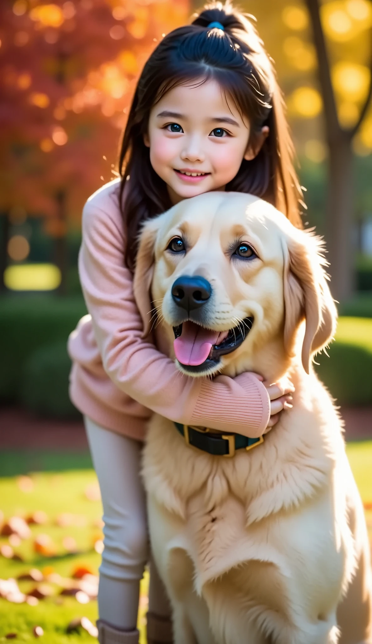  RAW Photos、 realistic 、 Realistic Picture 、 girl hugging a golden retriever、 cute smiling girl 、((( reluctant golden retriever 、A golden retriever in a bad mood、Golden retriever looking away)))、garden、秋のgarden、紅葉するgardenの木々