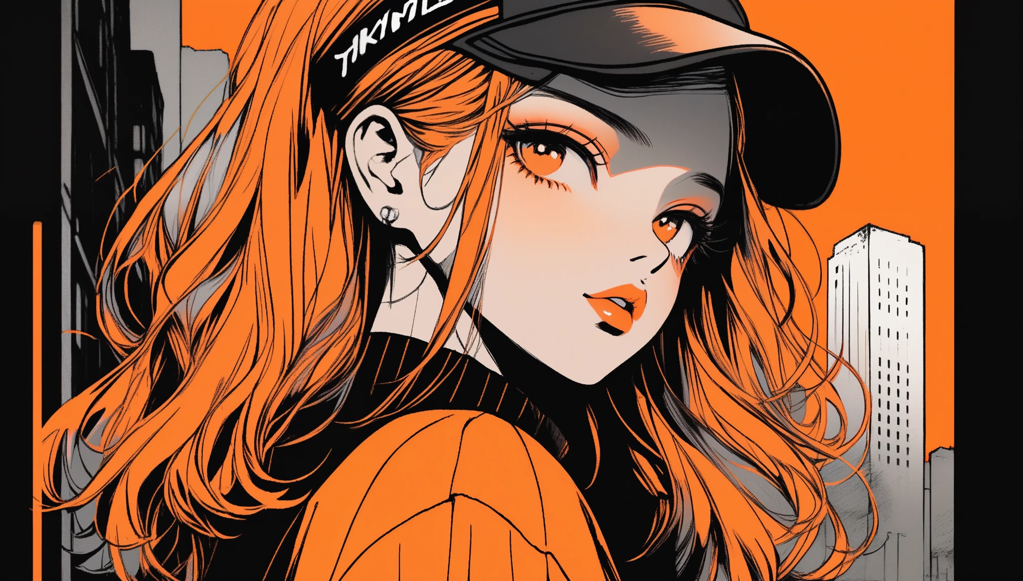 ( Top Quality , sketch:1.2),Realistic,Illustrator, Japanese cartoon movie ,, Detailed lips,sweater,custom , orange gradient background, Neon hair , headband,  textured crop, masterpiece,  style retro classic , Dark black, Morning city 