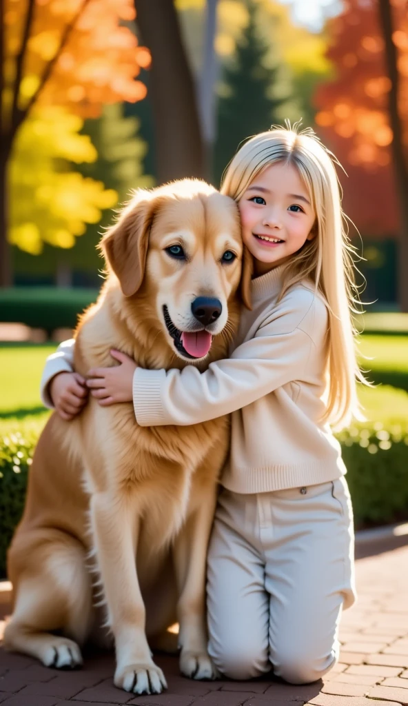  RAW Photos、 realistic 、 Realistic Picture 、 girl hugging a golden retriever、 cute smiling girl 、((( reluctant golden retriever 、A golden retriever in a bad mood、Golden retriever looking away)))、garden、秋のgarden、紅葉するgardenの木々