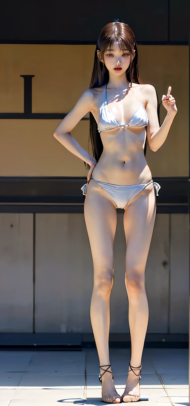 (8K, HDR, High resolution), ((((Full body photo,Raw photo, Hyperrealism, masterpiece, highest quality, ultra High resolution)))), (Pin Light, Backlight,Cinematic Light), ((Japanese school girl uniform,mini skirt,I-shape balance,While standing, raise one leg straight up and hold it with your hand,Panty shot,White panties,Camel Toe,Shot at an angle from below)),Sharp focus:1.4, (Hyper Detail, finely), 1 Korean Idol, A provocative smile,Archaic Smile,Small, plump lips, Straight and cute nose, A little redness on the cheekbones,Long and beautiful eyelashes, Narrow waist,Perfect Style,Very heavy chest,Shapely breasts,Beautiful breasts,Huge breasts