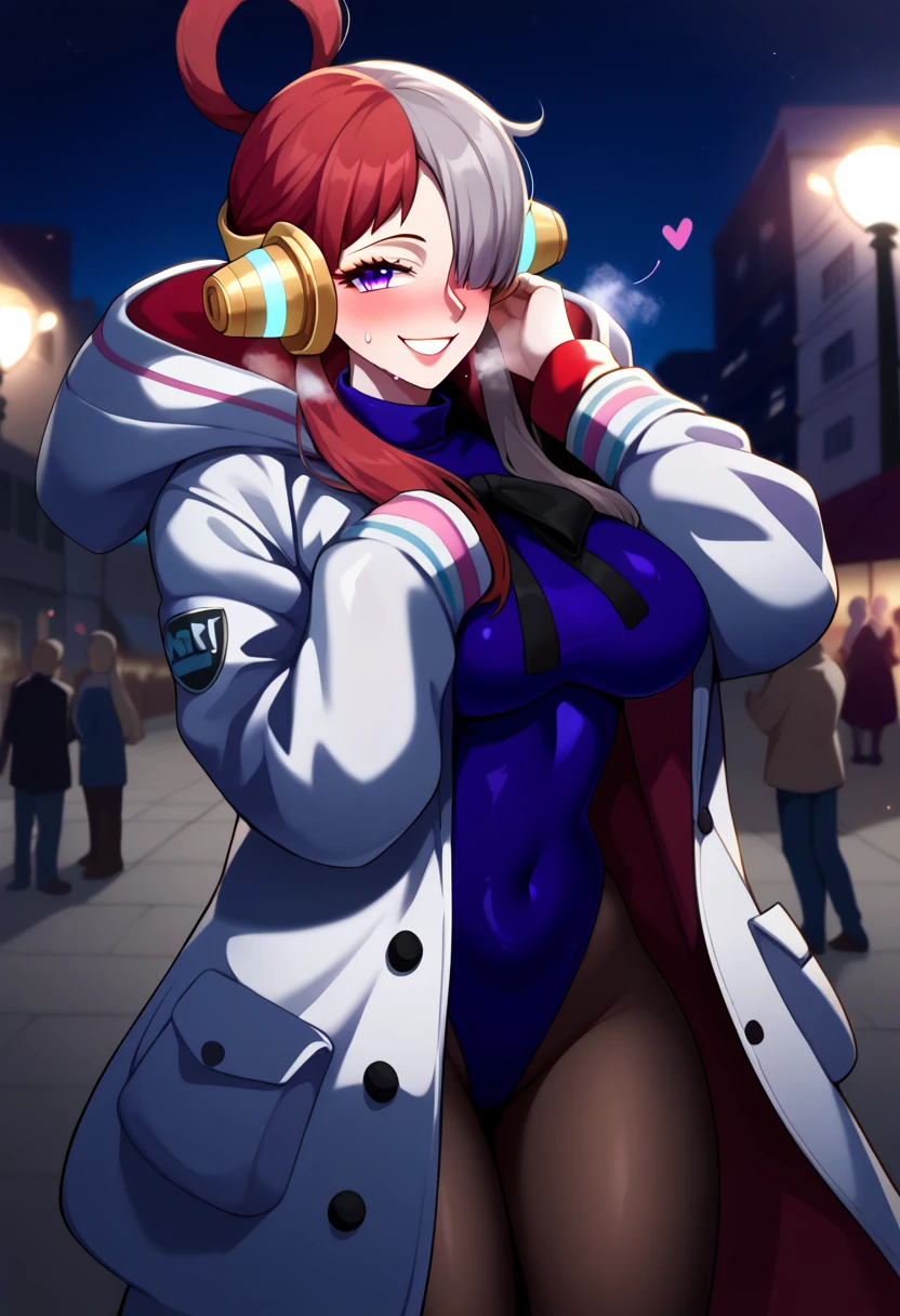 Mature female, Mature, adult, onepieceSong, Song, Long Hair, ( purple eyes:1.1), Gray Hair, Red Hair, multicoloRed Hair, (Hair covering one eye:1.5), Two-tone hair,  two-tone hair ,  hair ring, villain,  charming smile in a crowd,  wicked smile, Headphones,  excited , Heat stroke, nsfw, steam, breathe, sweat,  drools,  open coat ,  LATEX PURPLE LEOTARD UNDER YOUR TRENCH COAT,  black pantyhose, Chest,  Viewers,  Knight  town, city, Skyscraper,  Knight , dark, Elevation, A unique perspective, UNIQUE ANGLE , masterpiece,  best animation quality ， Highest quality ,