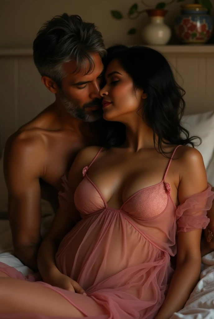 a husband and wife completely naked, having sex, with the wife's foot position on her husband's shoulder, was in a bed decorated with red roses.