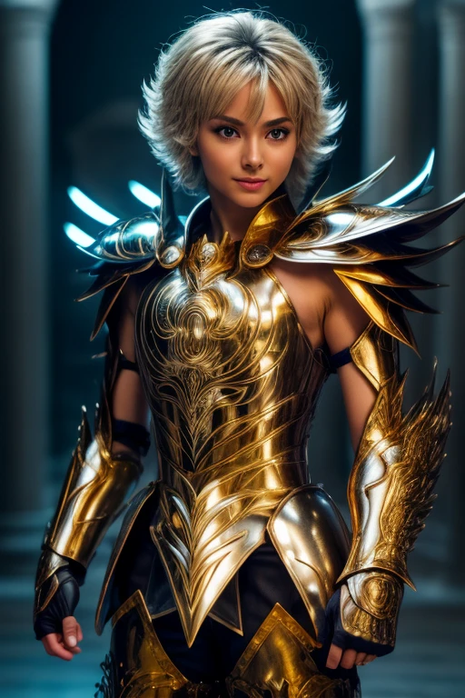  Cancer armor based on the Japanese anime Saint Seiya, shoulder_  armor decoration  ,    (  masterpiece:1.0), (   Better quality :1.0), ( ultra high resolution :1.0) ,(8k resolution:1.0), (realistic:1.0), (ultra detailed1:0),(raw photo:1.0), HDR, photograph,   Kodak Portra 400  , film grain, focused background,  vibrant color , bokeh effect,  Lens reflection, ((  perfect hands )), ((  Very large fake silicon breasts)), ((perfect arms)), (perfect face), {{    perfect anatomy    }}, general plan, small hands, fine fingers,
greek temple,   very detailed background  ,    1 woman wears golden Cancer armor,    golden armor  , Alone,  short blue hair , black eyes, smiling,    looking at the viewer  , face focused,   detailed face ,  vibrant color s,  Symmetrical eyes , visible lips, standing, holding breasts, (  full body  :1.2),