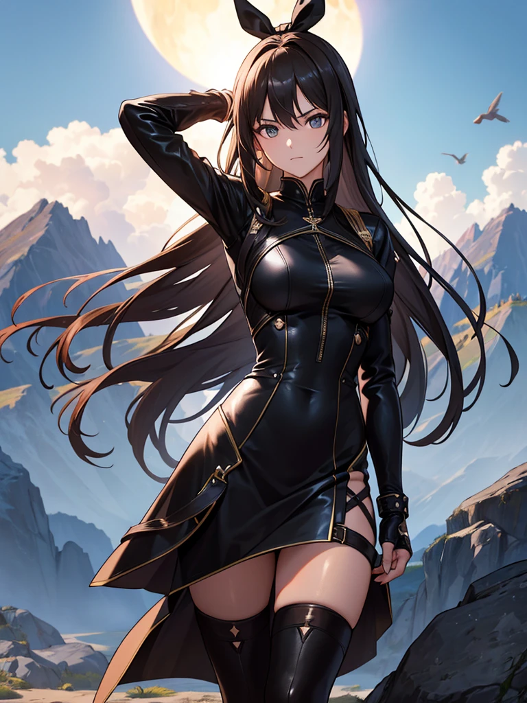 Long hair rocked by strong wind, alta resolución,  masterpiece ,  Best quality , necessary, HD model,  tall details ,  high quality,  very detailed ,  Textured skin, UHD, foreground, Relaxed Scenery , Infinity Look , long black goddess dress with high and light tight leather tights