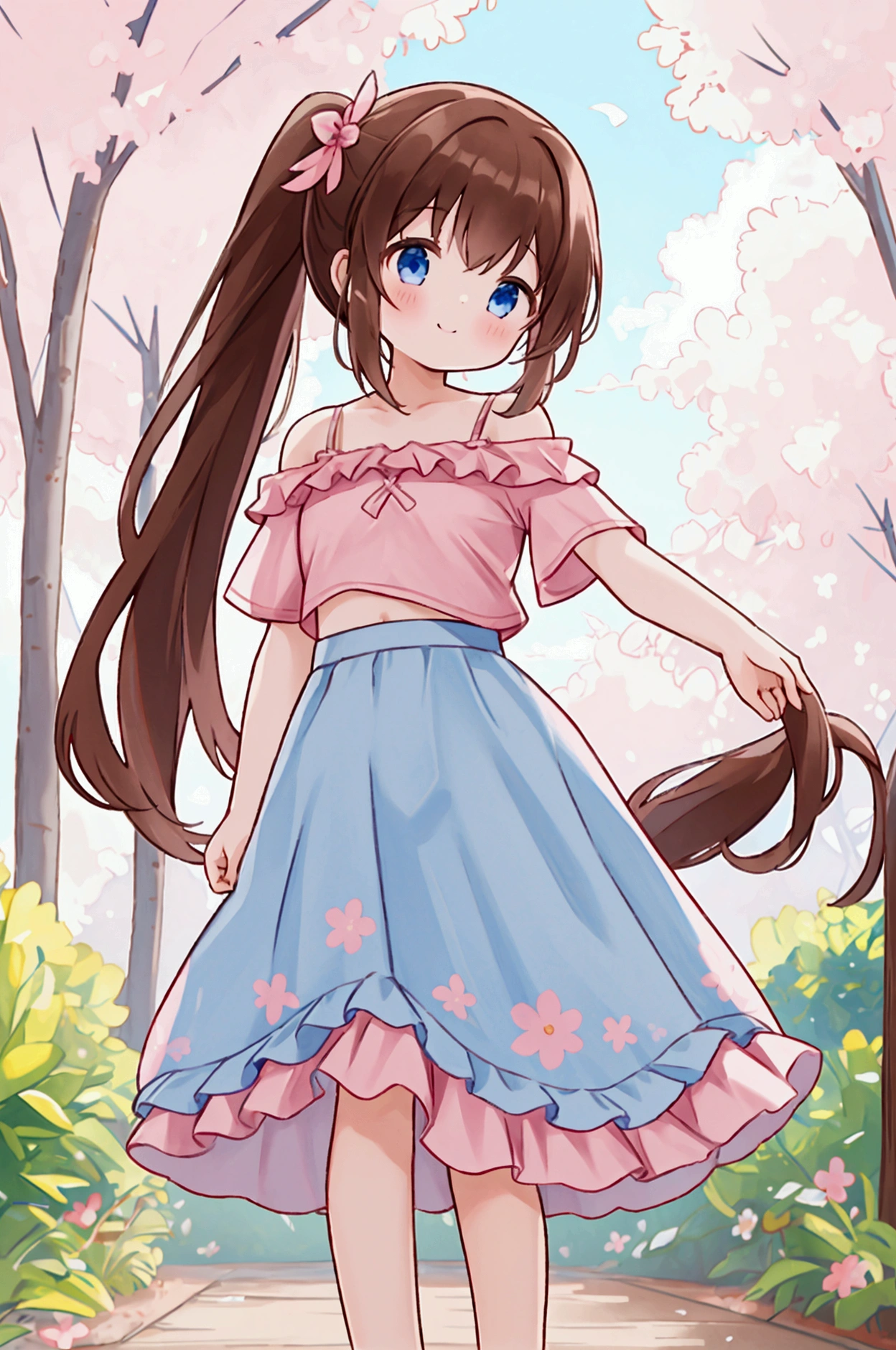 masterpiece, Best Quality,  Kampala,  1 Girl, Long Hair,  One side up, Alone,  ponytail,Brown Hair,  blue eyes , Shoulder Bare,  pink shirt, Floral, Short sleeve,  off-shoulder shirt, frills,clothes lift,pink bra,   Blue Skirt  ,  cowboy shot, smile,standing, Full Body,  outdoor , day