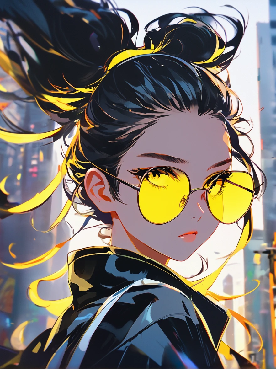  anime girl with sunglasses in her hair,  Guweiz style artwork ,  digital illustration style ,  animation style  일러스트,  animation style  4k, Yellow eyed , with glowing eyes,  animation style . 8k, Ku Ray Ray(Qu Leilei), author：heroes,   Persona 5 art style WLOP  ,  Morning City 