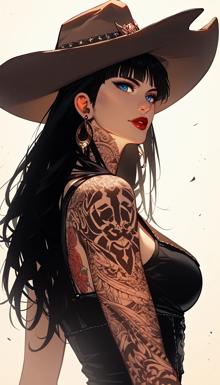 Young Cowgirl, bounty hunter, long slick hair, perfect breast, fantasy, solo leveling,red lipstick,long earrings,cowboy hat, tattoos ,black hair,blue eyes,