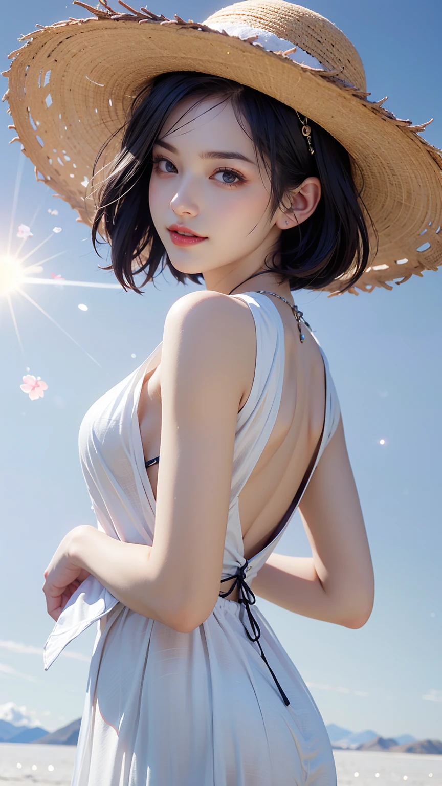 1 Girl, masterpiece,   VERY DETAILED , (Beautiful fine luster),  Lens Flare, White hair, Short hair,  flowing hair , review, Back,  Smile,  blue eyes,  white dress , Medium breasts,   upper body , Wide Angle, straw hat, ((Uyuni Salt Flats)), sunrise, cloud, Backlight, 紫色Sky, Sky, Gradient sky , Hands on hat