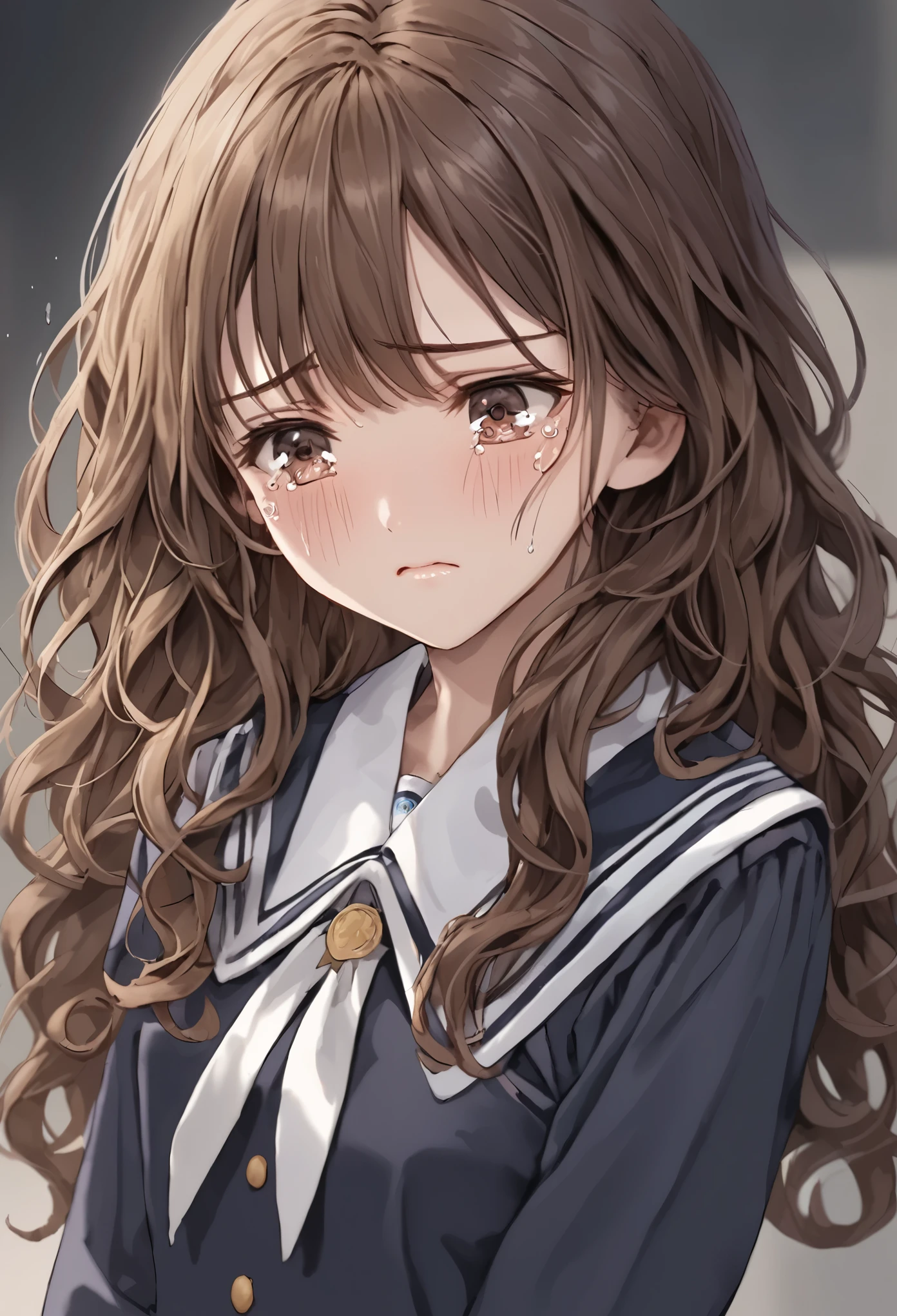  face up 、beautiful and cute high school girl、uniform、Brown Hair、 Long Wavy Hair 、Hold back the tears