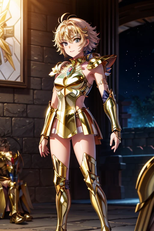  Cancer armor based on the Japanese anime Saint Seiya, shoulder_  armor decoration  ,    (  masterpiece:1.0), (   Better quality :1.0), ( ultra high resolution :1.0) ,(8k resolution:1.0), (realistic:1.0), (ultra detailed1:0),(raw photo:1.0), HDR, photograph,   Kodak Portra 400  , film grain, focused background,  vibrant color , bokeh effect,  Lens reflection, ((  perfect hands )), ((  Very large fake silicon breasts)), ((perfect arms)), (perfect face), {{    perfect anatomy    }}, general plan, small hands, fine fingers,
greek temple,   very detailed background  ,    1 woman wears golden Cancer armor,    golden armor  , Alone,  short blue hair , black eyes, smiling,    looking at the viewer  , face focused,   detailed face ,  vibrant color s,  Symmetrical eyes , visible lips, standing, holding breasts, (  full body  :1.2),