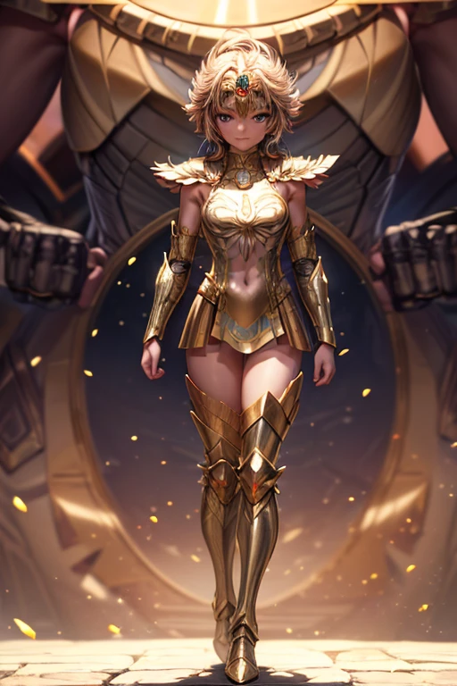  Cancer armor based on the Japanese anime Saint Seiya, shoulder_  armor decoration  ,    (  masterpiece:1.0), (   Better quality :1.0), ( ultra high resolution :1.0) ,(8k resolution:1.0), (realistic:1.0), (ultra detailed1:0),(raw photo:1.0), HDR, photograph,   Kodak Portra 400  , film grain, focused background,  vibrant color , bokeh effect,  Lens reflection, ((  perfect hands )), ((  Very large fake silicon breasts)), ((perfect arms)), (perfect face), {{    perfect anatomy    }}, general plan, small hands, fine fingers,
greek temple,   very detailed background  ,    1 woman wears golden Cancer armor,    golden armor  , Alone,  short blue hair , black eyes, smiling,    looking at the viewer  , face focused,   detailed face ,  vibrant color s,  Symmetrical eyes , visible lips, standing, holding breasts, (  full body  :1.2),