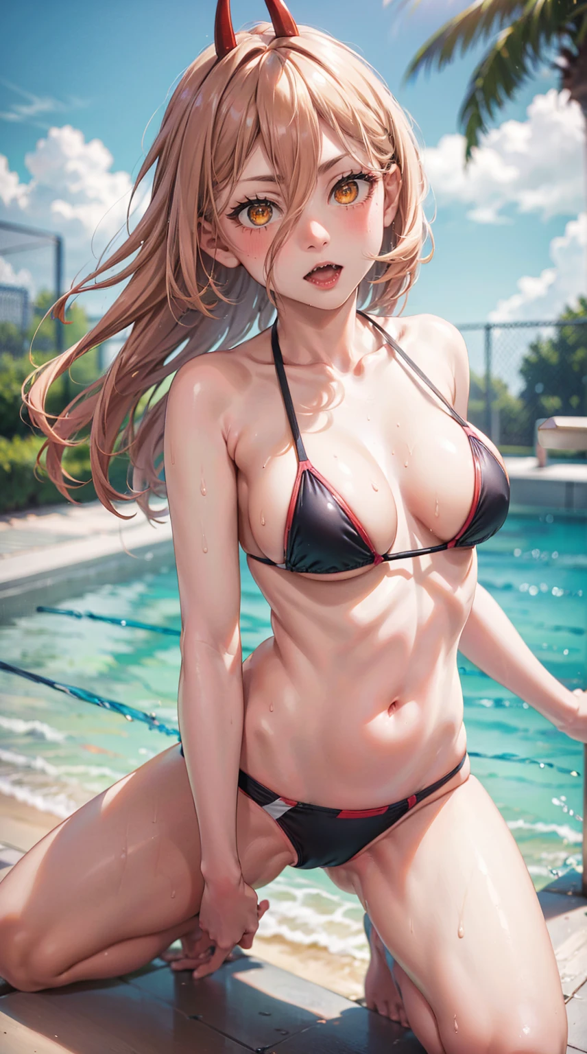 A beautiful girl with blond hair is shown to have a slim figure, she is wearing a nsfw bikini, , yellow eyes with symbol , Girl sentada by the pool sexy session  , pose sexy,  She showed off her cleavage , cowboy shot,   superior quality    , Many details, realistic (very low cut) ( long hair ) (version niña) (niña) (pequeña) (cuerpo de niña) (cara de bebe) (sentada)