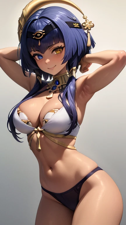 masterpiece, 8k, high resolution, shrine, semi-realistic, 1 girl, portrait 3:4, (high detailed face), high detailed body and clothes, (detailed hands, no bad hands, No bad fingers), arms up, (hands behind the head), smile, looking at viewer, dynamic, small breasts, sexy, perfect body, perfect legs, no stockings, Candace (genshin_impact), genshin_impact, puffy tiny breasts, sexy, hot,