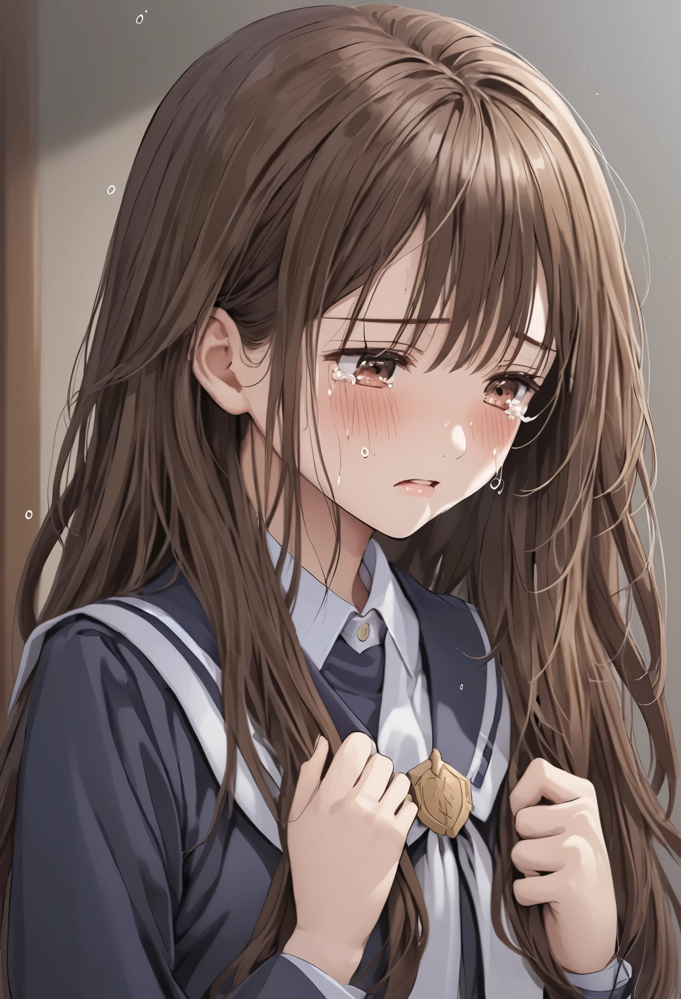  face up 、beautiful and cute high school girl、uniform、Brown Hair、 long hair、Hold back the tears