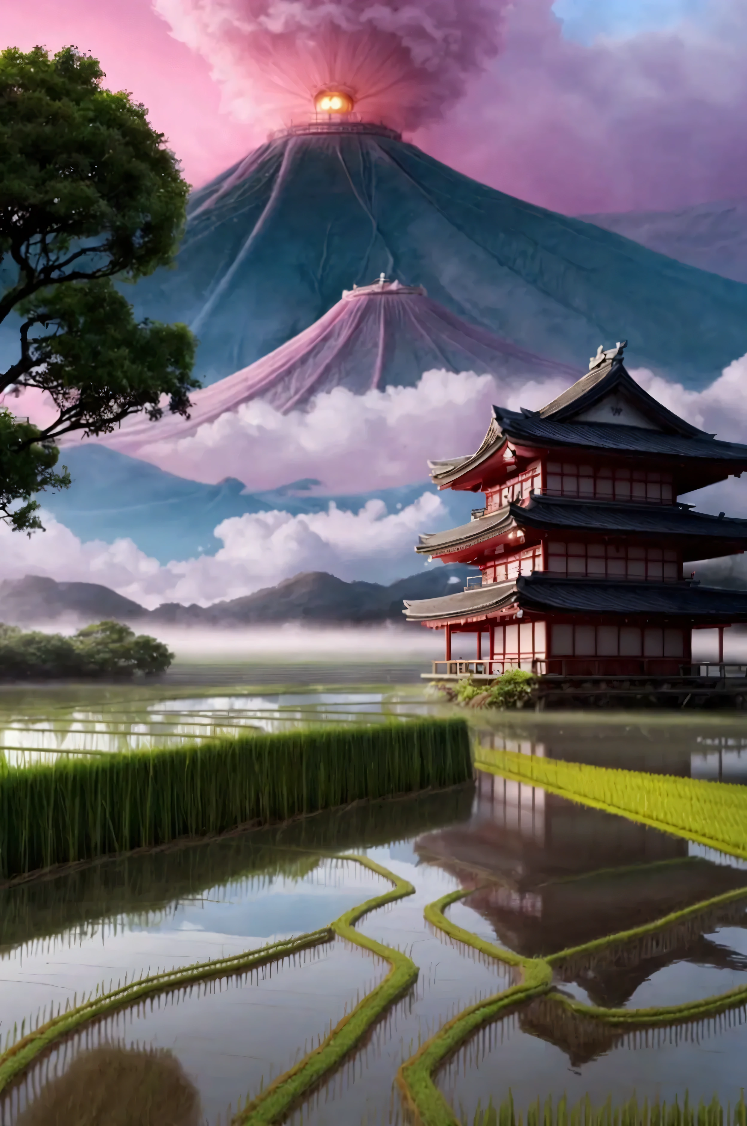 (Surrelasim:1.4), cute anime style, design a captivating image of a ((mystical mist)) hovering above a ((lush rice paddy)), mesmerizing dawn with hues of orange, pink and purple, (Japanese architecture), cloudy, dreamy, masterpiece in maximum 16K resolution, superb quality. | ((More_Detail))
