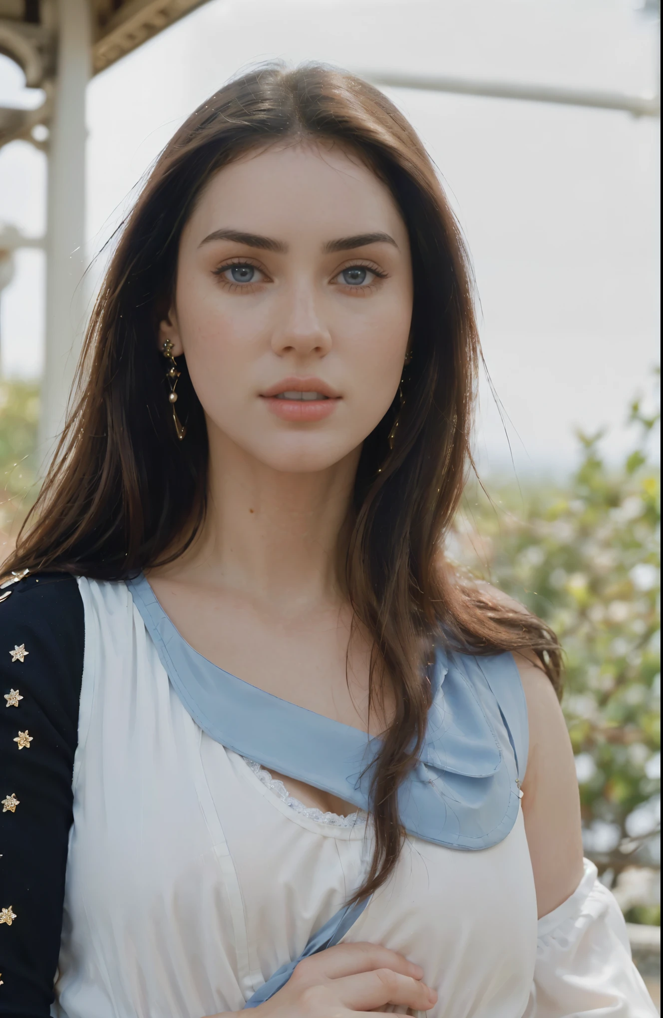 ultra realistic 8k cg, (hd background, delicate pattern, intricate detail, highly detailed, fine details), best quality, (photorealistic:1.4),beautiful lighting, absurdres, RAW photo, film grain, ((medium breasts, slim girl, close-up, portrait)), 1girl, solo, black hair, long hair, jewelry, (earrings, blue eyes), ((slim girl, medium breasts)), cleavage, epaulettes, navel, midriff, blush, collarbone, (complex detailed background, blue sky, nature environment, close-up, portrait),stunning attractive figure, beautiful photo of sexy woman, looking seductively in front, black hair,ultra realistic 8K CG, masterpiece, ((white background, delicate pattern, intricate details)), (highly detailed, fine details), best quality, 1 girl, big breasts ), 1, white skin, feminine, charming, perfect body, standing on the floor,natural ilumination, too white skin, (close-up, editorial photograph of a 1 woman), (highly detailed face:1.4) (smile:0.7) (background inside white, moody, private study:1.3) POV, by lee jeffries, nikon d850, film stock photograph ,4 kodak portra 400 ,camera f1.6 lens ,rich colors, hyper realistic ,lifelike texture, natural lighting , cinestill 800, natural makeup , too white skin, lovely, femenine, happy,absurdres, highres, ultra detailed, (ung beautiful girl, solo:1.1),breasts, black hair, cape, earrings, jewelry, midriff, large breasts, cleavage, navel, long hair, blue eyes,groin,epaulettes,torii, cherry_blossoms, big breast, gold earrings, 20 years old, jennifer connelly, ana de armas, megan fox, too white skin, too young woman, ADAarmas, megf, j3n2i773r50-smf, pale skin, depth of field, bokeh, (special attention to skin detail: 1.2), Detailed leather texture, skin pores. (Airy atmosphere of the frame- delicate, white, UDR, ((Film grain)), ((waist up portrait, close to the camera)) , ultra detialed, (((ultra realistic))) Photo, masterpiece, top quality, (pale skin), (Ultra detailed face and eyes:1.3), lovely, perfect eyes, happy, lovely, femenine, happy