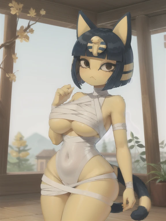 masterpiece,最high quality, Anka ,  elegant, Skin Pattern, Yellow skin huge breasts,  wide hips ,  clevis,  high quality,  1 Girl, (bandage),  short hair, Yellow skin, Tail, Alone,  animal ears , 3d, Anka  ( Animal Crossing ),