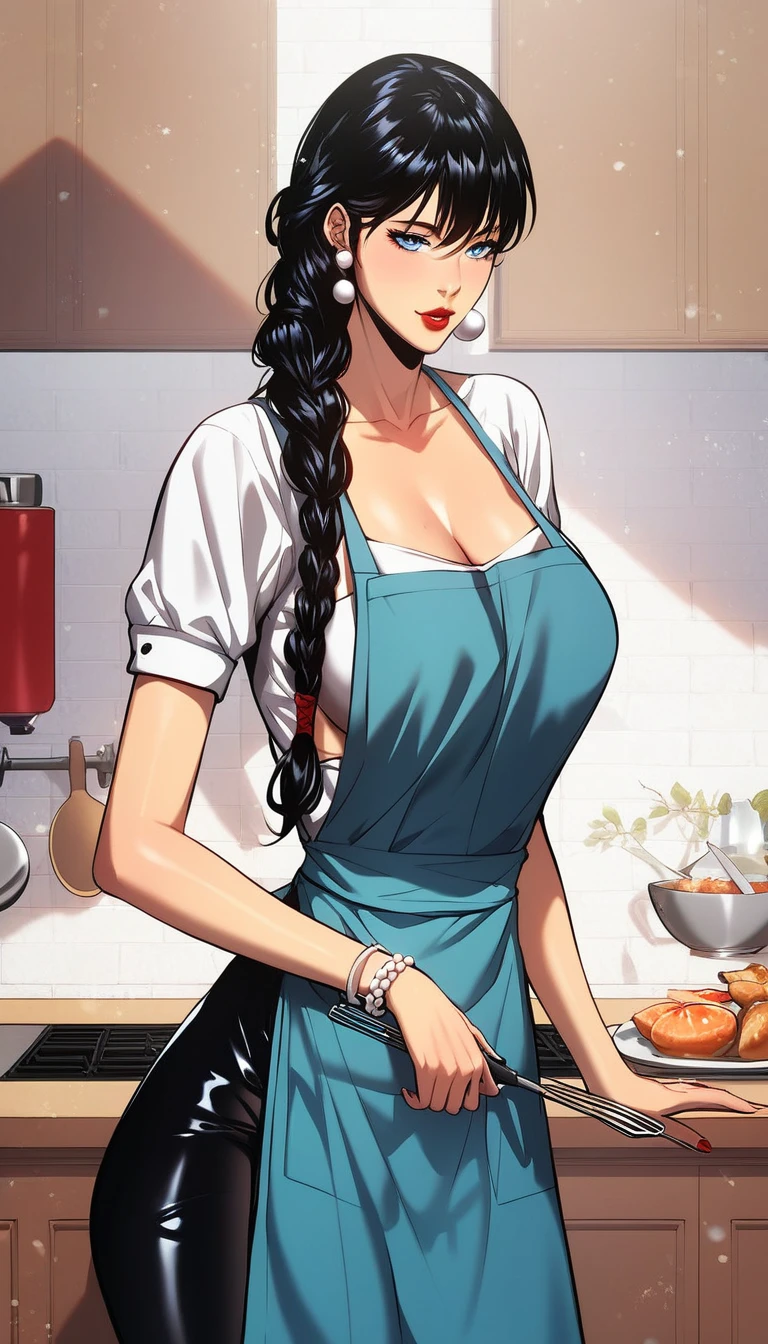 Hot beautiful sexy sung jinah in kitchen ,   red lipstick, long pearl Earrings, medium saggy breasts , black hair , hair braid,bracelet ,detailed, detailed blue eyes, curvy body  ,manhwa style,body moving motion ,detailed eyes,manhwa page,manhwa art style ,  wearing apron 