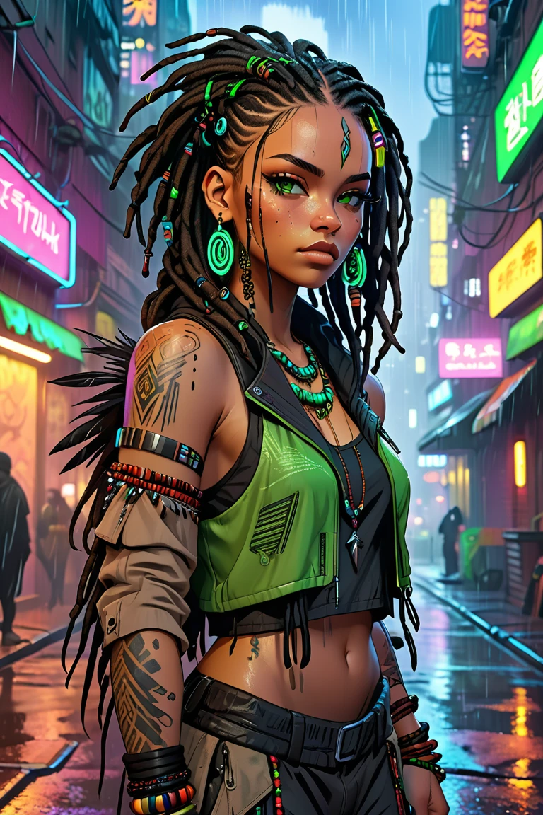 Sturdy, slightly chubby young woman with intense green eyes, black dreadlocks adorned with beads and feathers, and a warm, mulatto skin tone with freckles. Tribal tattoos on her hands, wearing layered, earthy clothing. Cyberpunk setting with neon lights, rain-soaked streets, and a futuristic night city backdrop.