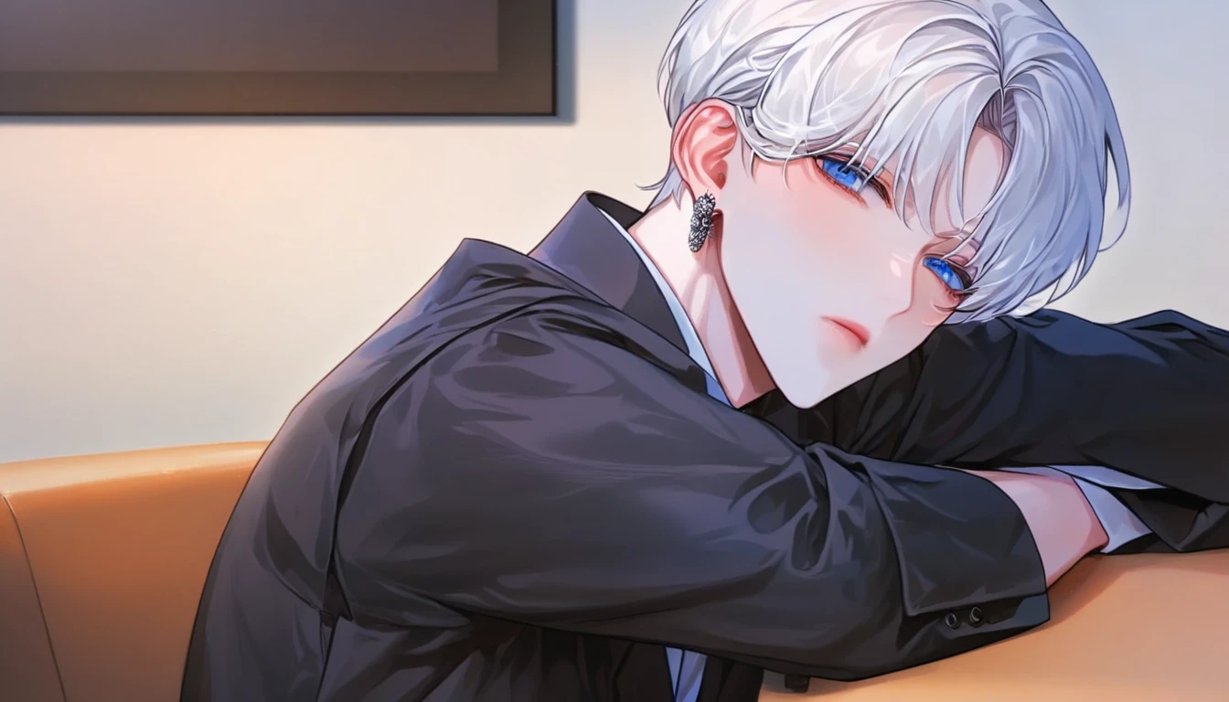 absurdres, highres, ultra detailed, HDR, master piece, best quality, extremely detailed face, delicated features, Jaehwan , White hair, short hair, no fringe, without bangs, handsome hair, cool blue eyes, The World After The Fall, Alone, Sensual, Young face, black Korean School uniform fashion style, cold, Transparent, black, Boyfriend, Pierce, earring, cute boy, Draw a large background, From the side, anime,  KPOP model,  Cafe background, Draw a large background, sitting in the corner of a cafe, 4K, High image quality, Drink coffee