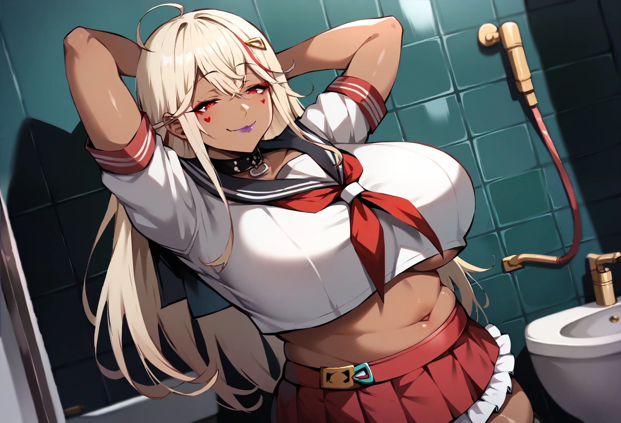 masterpiece, score_9, score_8_up, score_7_up, 1girl, milf, solo, (dark skin, black skin), (plump), nikkejackal, (large breasts:1.9), (((light blonde hair, streaked hair), long hair, ahoge, bangs, long sidelocks, red eyes, half-closed eyes)), purple lips, ((hairclip, choker, seifuku, sailor collar, crop top, navel, mini skirt, frilled skirt)), ((naughty smile), closed mouth), ((arms behind head, bathroom))