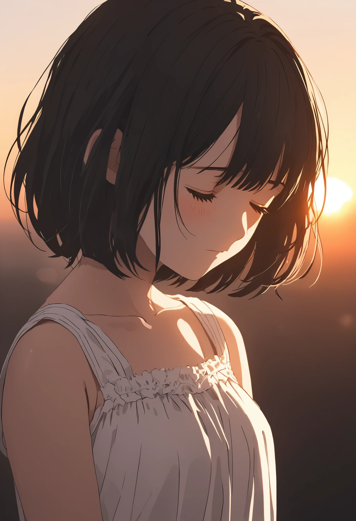 face up 、beautiful and cute high school girl、 white dress、Black Hair、 short bob cut 、 close eyes、Depression、Sunset、Backlight
